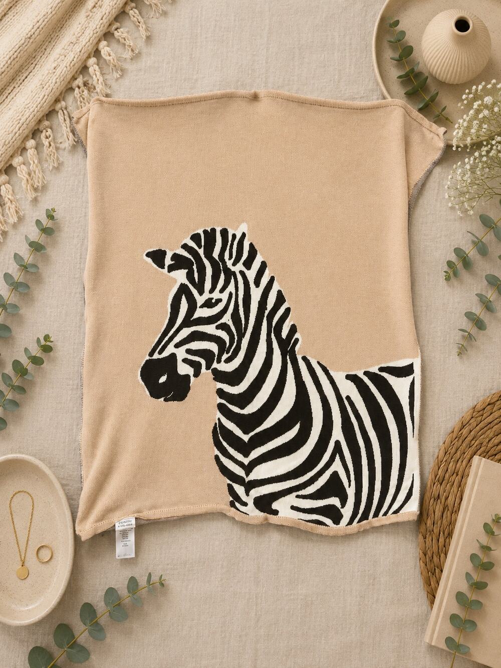 West Elm x Pottery Barn Kids Zebra Knit Throw Blanket Tan Brown 30x40 Cotton
